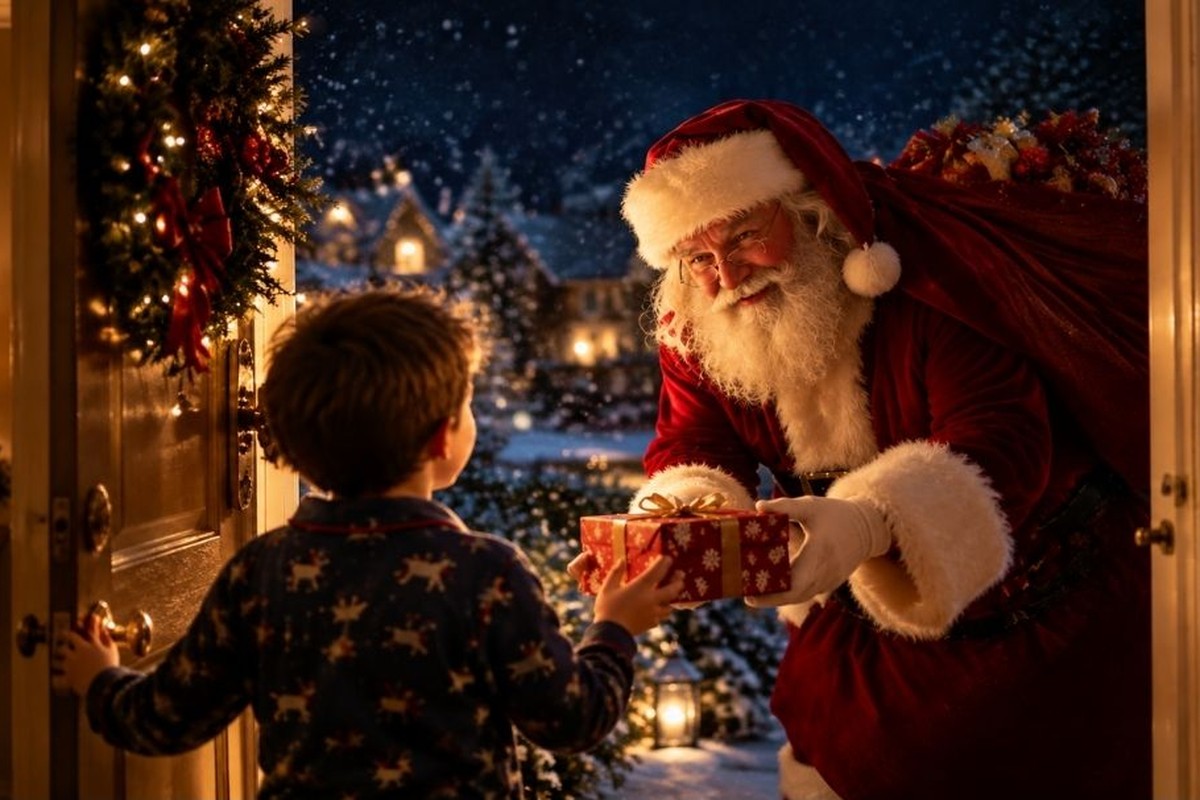 Babbo Natale sulla porta di casa consegna un regalo a un bambino la sera della Vigilia – Associazione Eleonora Cocchia Vivere a Colori ETS